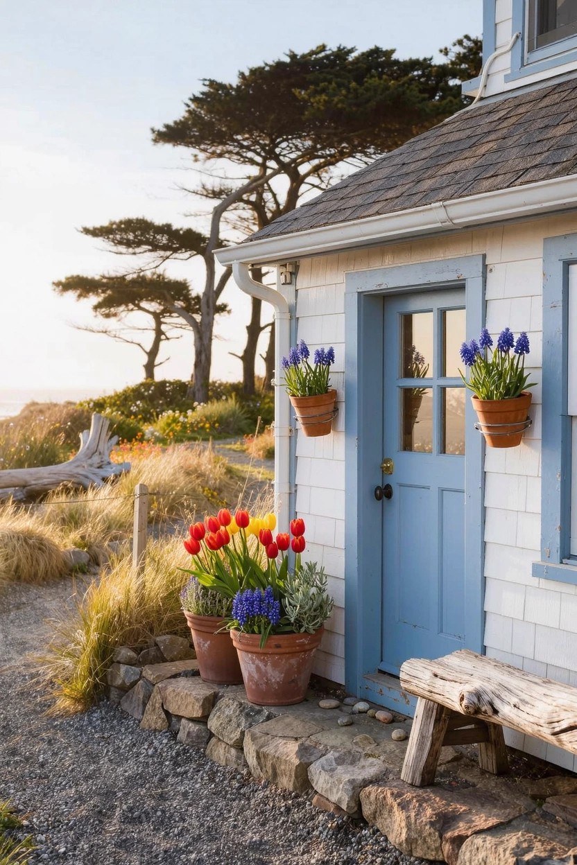 White shingle house with blue front door flanked by two hanging pots of blue flowers, large terracotta pots of red, yellow, orange tulips nearby, stone path, driftwood bench, and cypress trees in background.