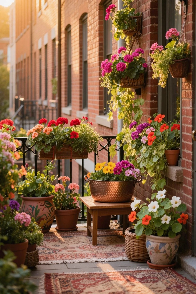 Red brick rowhouse balcony with iron railing lined in hanging baskets and overflowing with colorful flowers including red geraniums, pink blooms, and yellow daisies, plus potted plants on the floor around a small table and rug.