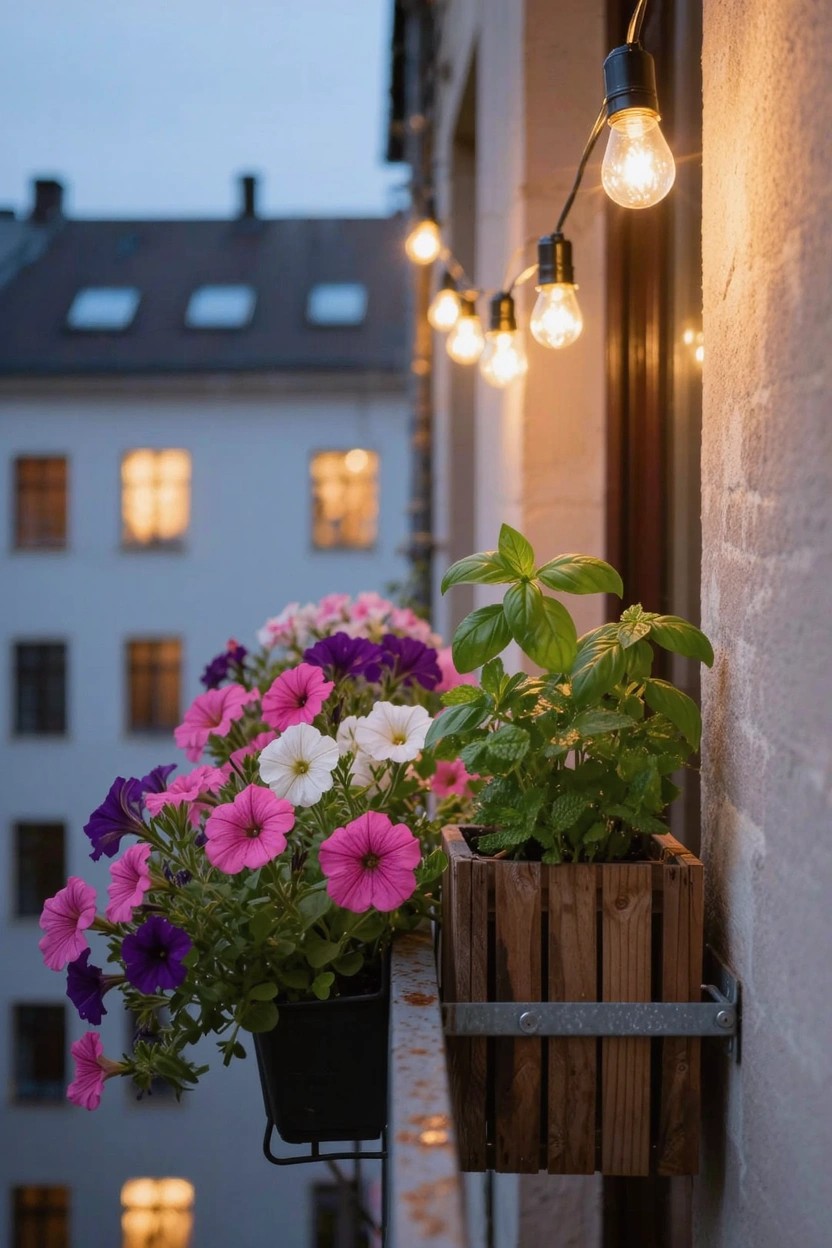 White brick balcony exterior at dusk with hanging black pots of pink, purple, and white petunias, a wooden box of basil plants, and string lights draped along the rail.