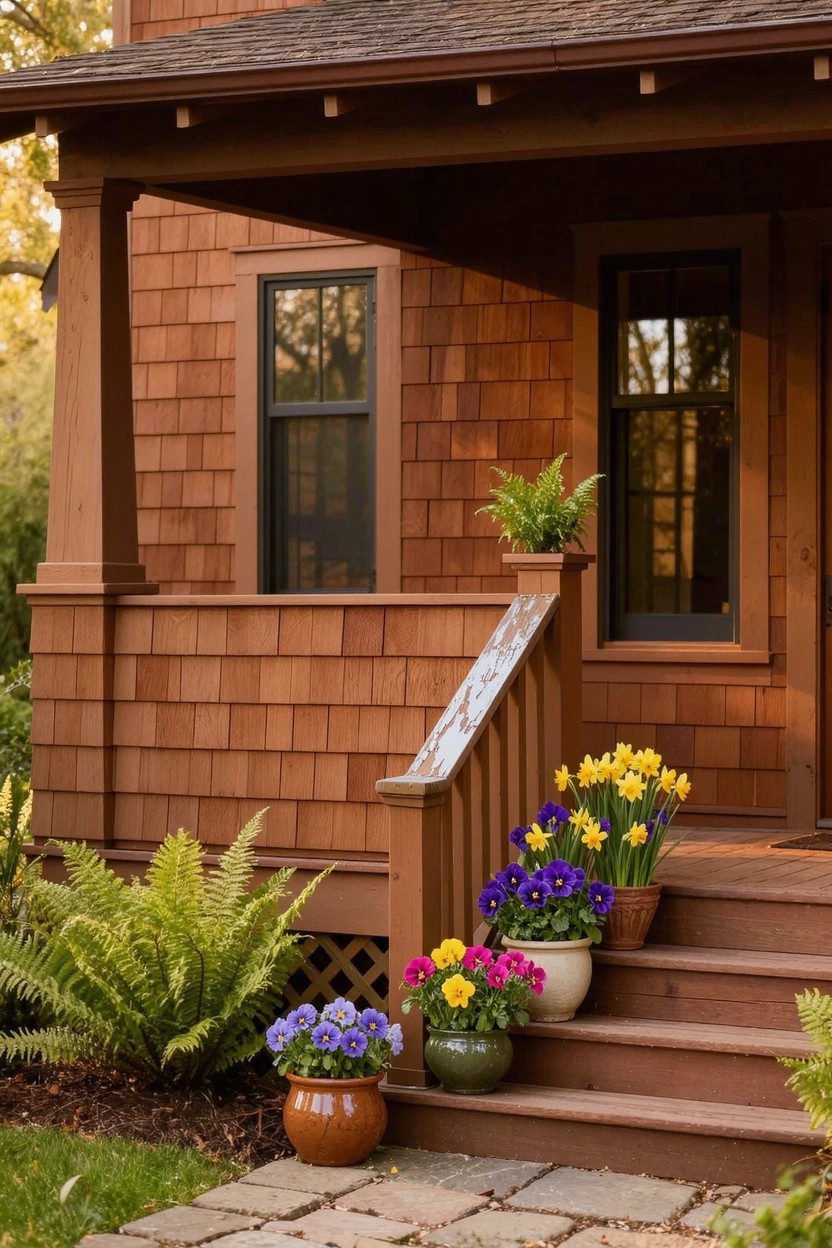 Wooden pallet frames on a brick balcony wall holding terracotta pots of pink, purple, and yellow flowers, with a black metal railing and bamboo screens nearby.
