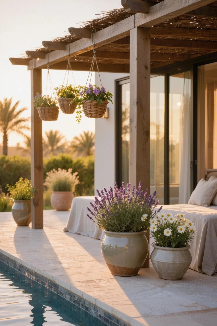 Pool deck under a thatched wooden pergola with hanging woven baskets of purple flowers, large terracotta pots holding lavender and daisies, outdoor cushions on a low bed, and palm trees in the background at sunset.