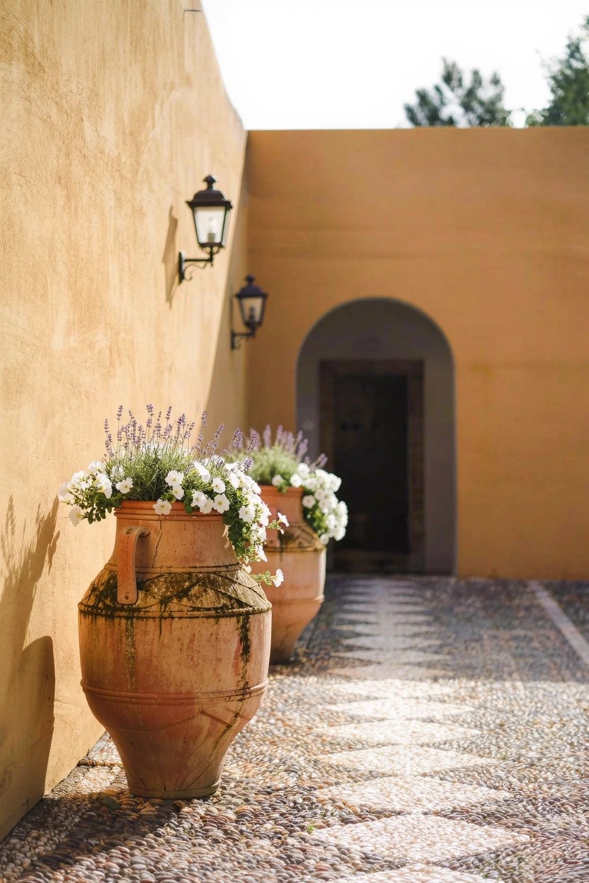 Ochre stucco wall enclosing a pebble mosaic pathway leading to an arched doorway, flanked by two large terracotta pots overflowing with white flowers, lavender plants against the wall, and black lantern lights mounted on the wall.