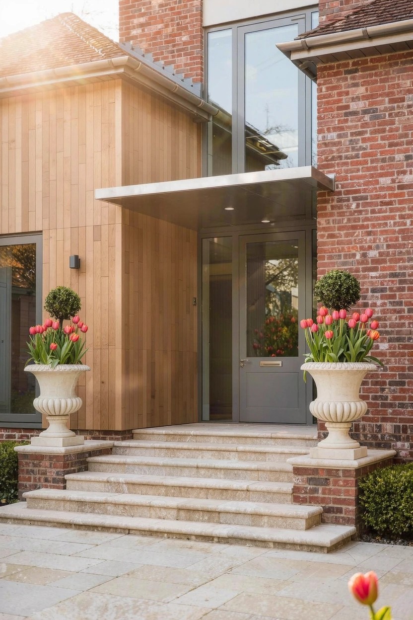 Wooden balcony deck on a modern high-rise building with glass railings and large windows holds several woven basket pots filled with blooming tulips in yellow, orange, pink, purple, and white, against a city skyline backdrop.