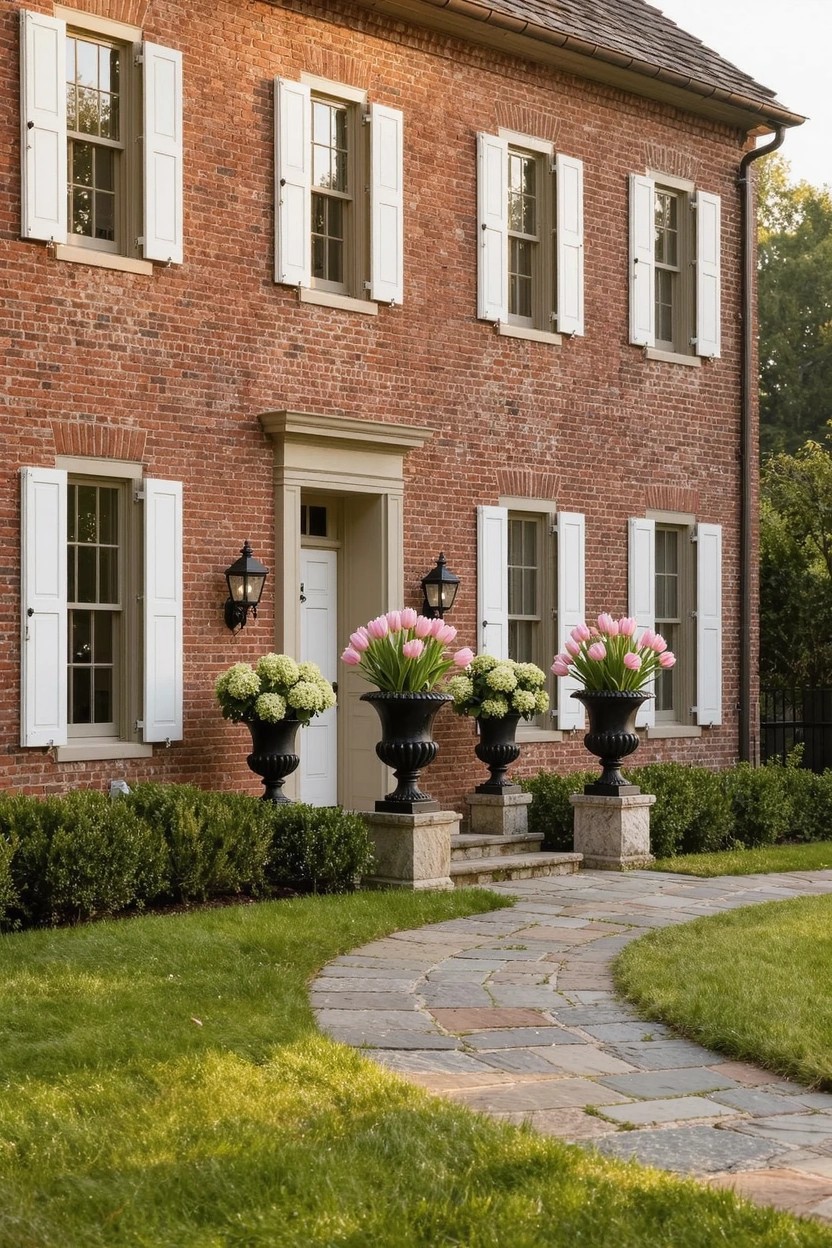Red brick house with white shutters and a centered front door on raised stone steps, flanked by large black urns filled with pink tulips and white hydrangeas, boxwood hedges nearby, and a curved stone pathway in the lawn.