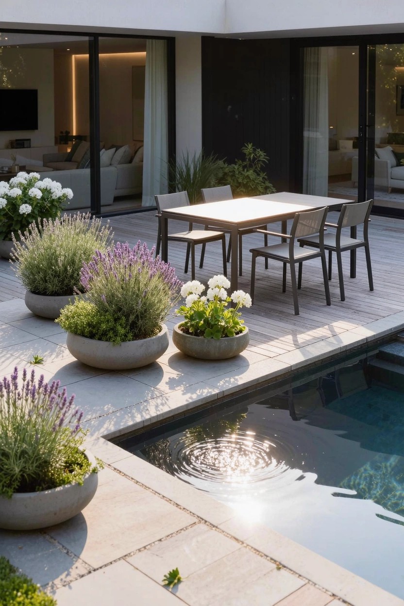 Modern white house with glass doors opens to a light stone patio deck beside a pool, featuring a wooden rectangular dining table with four chairs surrounded by several large concrete pots of lavender and white flowers.