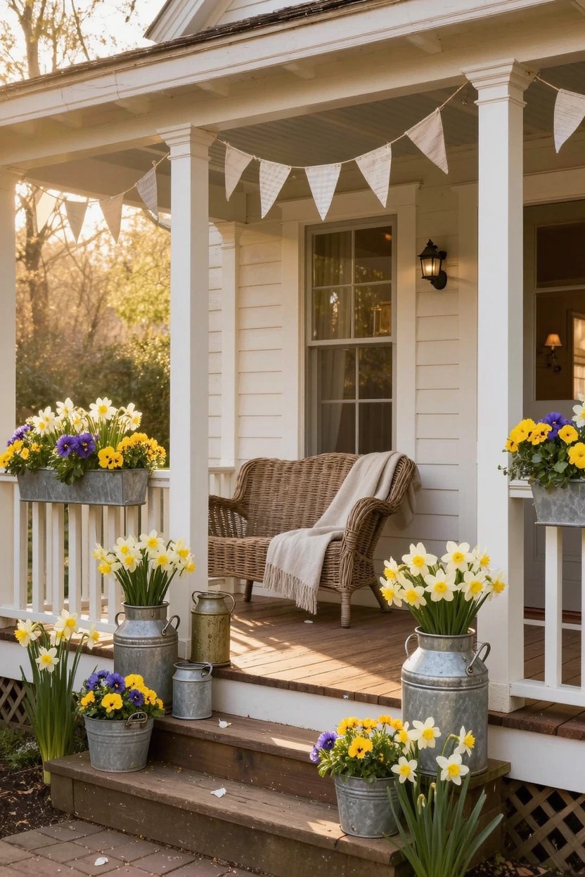 White clapboard house porch with galvanized metal buckets and pails filled with yellow daffodils, purple hyacinths, tulips, and other spring flowers placed on steps, railings, and near seating.