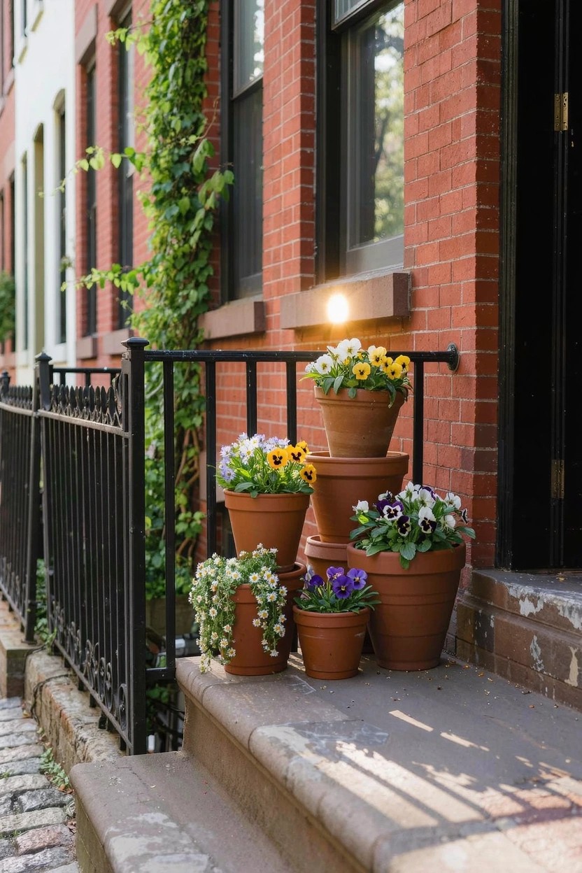Brown brick rowhouse stoop with black wrought iron railing, stacked terracotta pots of yellow daisies, purple pansies, and white violas on concrete steps, ivy on walls, and a light above the black front door.
