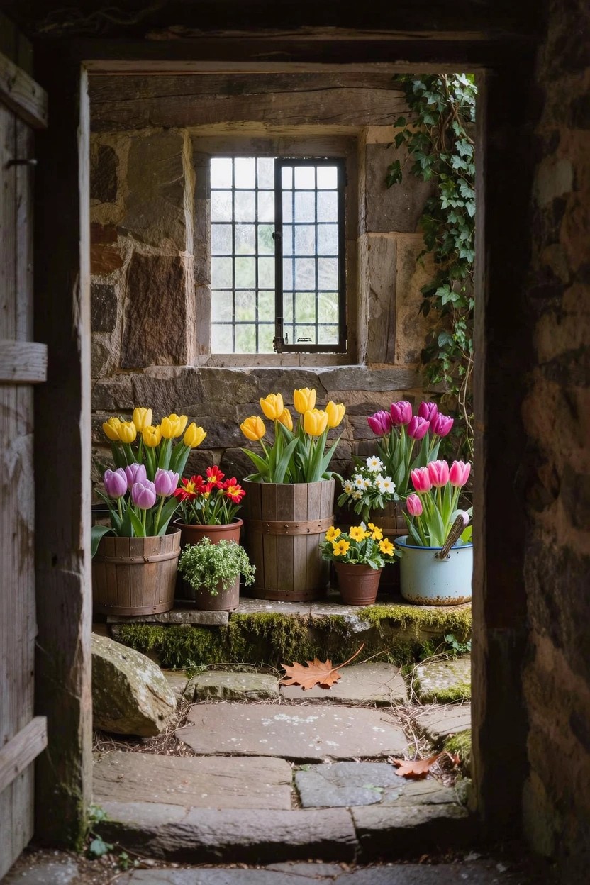 Rustic stone doorway with arched opening and small barred window, ivy climbing the walls, and clustered tulip pots in yellow, pink, purple, and white on mossy stone steps.