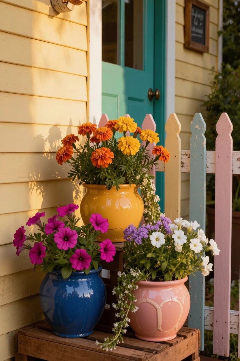 Yellow house with turquoise front door and white picket fence beside a wooden step holding three colorful ceramic pots filled with orange marigolds, purple flowers, and white daisies.