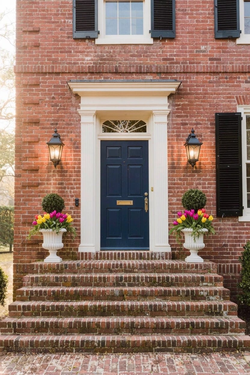 Red brick house exterior with navy blue front door centered on white-trimmed entryway, flanked by two large white urns of pink and yellow flowers, black lanterns on sides, and green topiaries nearby.