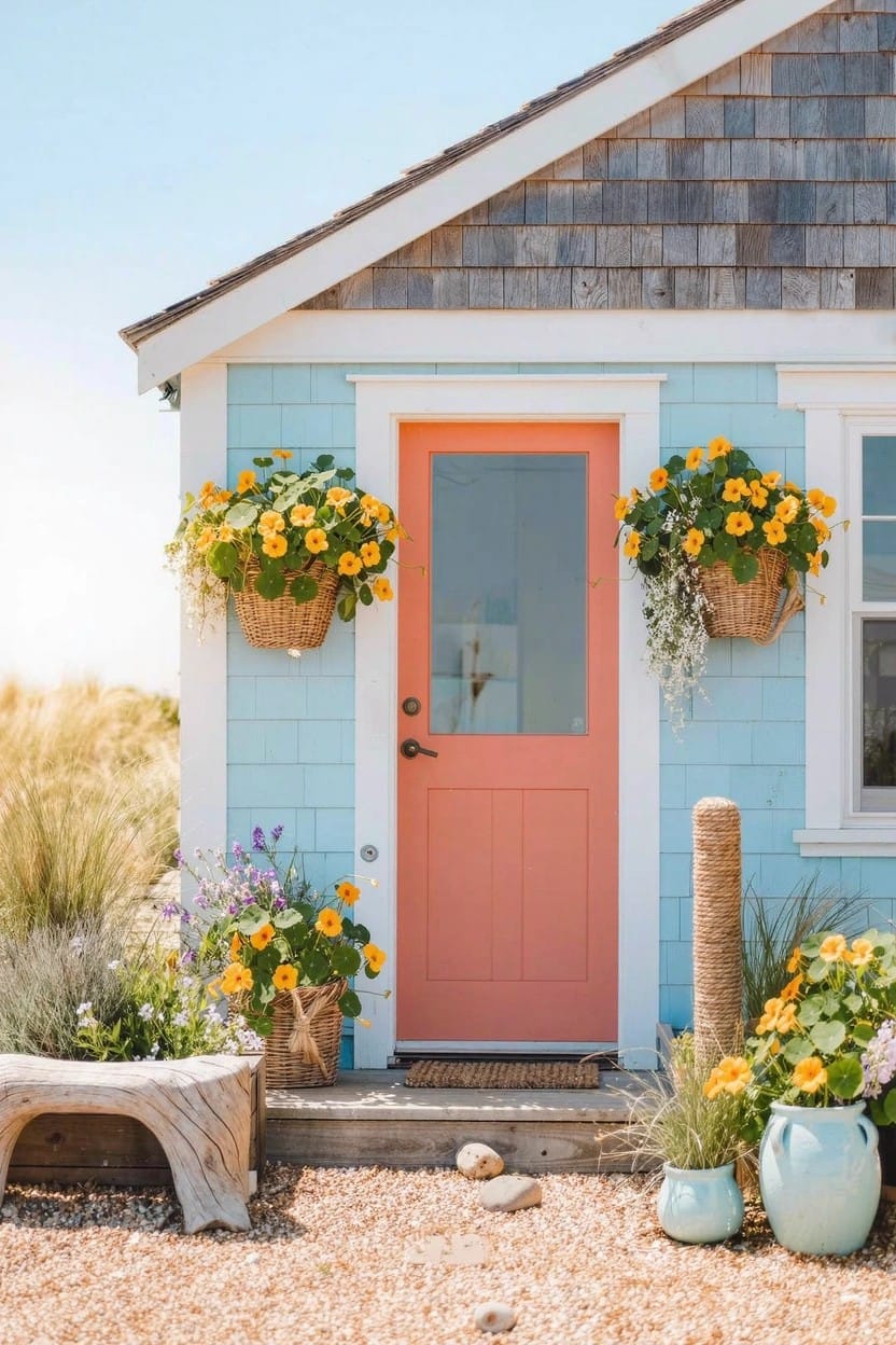 Light blue shingled cottage with pink glass front door flanked by large hanging baskets of yellow trailing flowers, potted plants nearby, gravel path, and beach grasses.