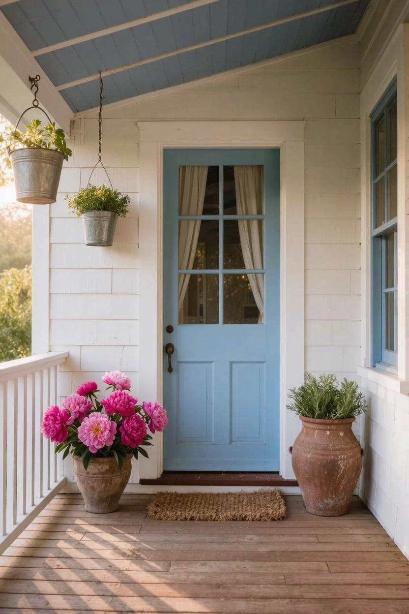 White clapboard house porch with blue front door, flanked by two large terracotta pots holding pink peonies and potted herbs, galvanized bucket hanging planters, blue ceiling, wooden railing and floor, doormat, and side window.