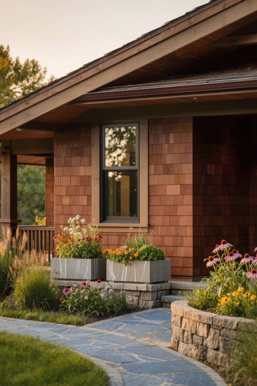 Rustic shingle-clad house exterior featuring a covered porch entry, two large white square planters overflowing with colorful flowers on stone steps, and a curved bluestone pathway edged by low plantings.