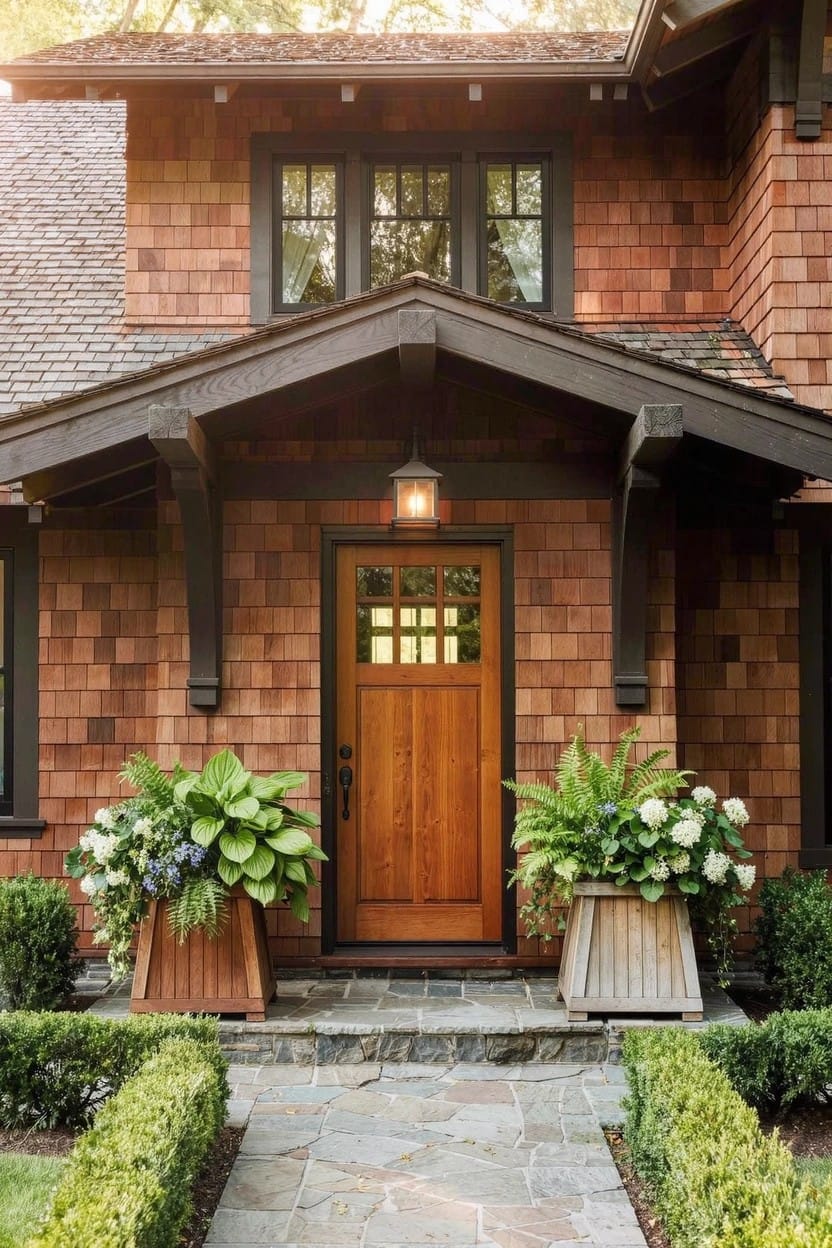 Red brick Craftsman-style house front with wooden door under a gabled porch, flanked by two tall wooden planters filled with lush green ferns and hostas, stone pathway, and low boxwood hedges.
