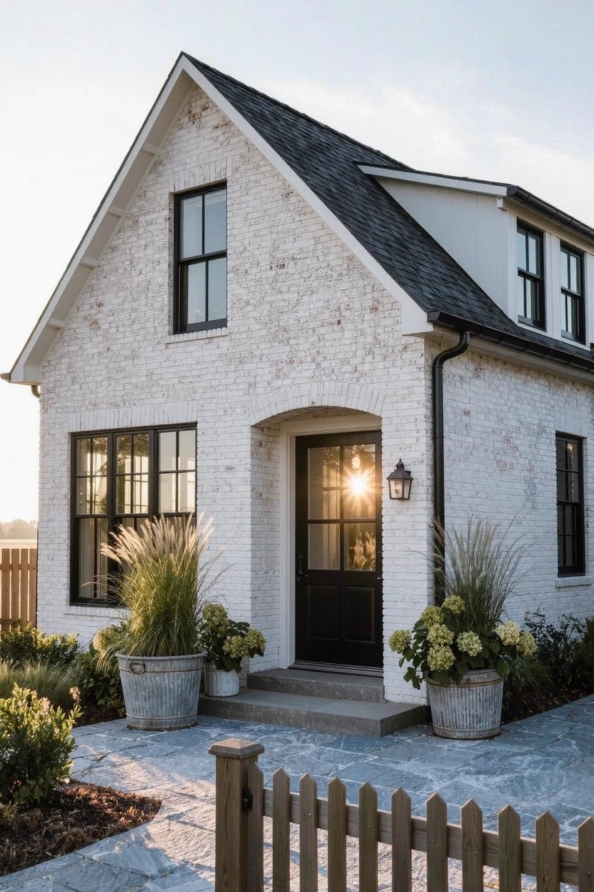 White brick house with black roof, windows, and arched front door, flanked by large round pots of tall ornamental grasses and blooming white hydrangeas on a concrete path with wooden fence.