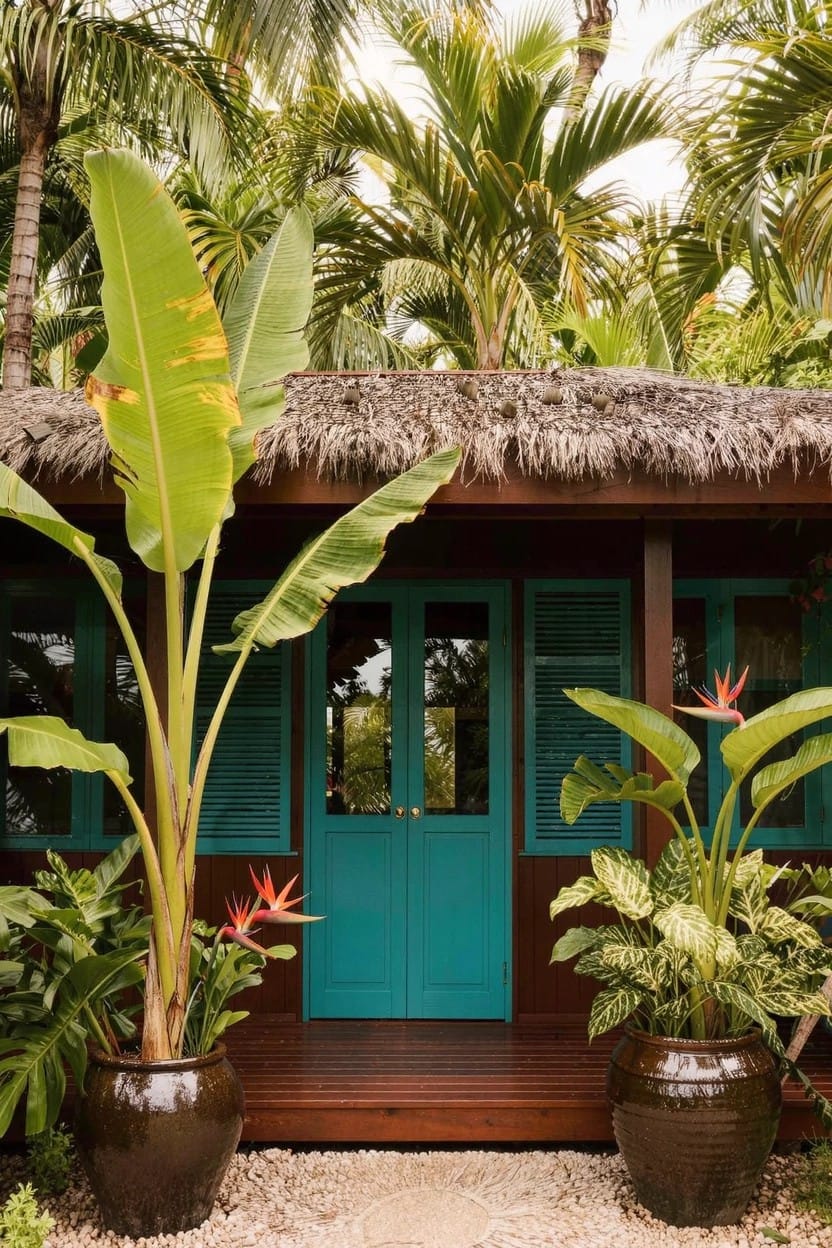 Wooden cabin with thatched roof and turquoise front door flanked by large potted banana plants and tropical flowers on a porch with gravel path.