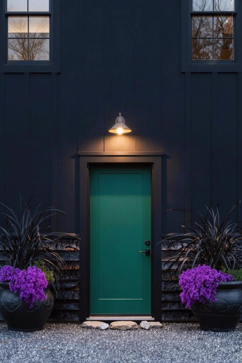 Dark wood-sided house exterior with a centered green front door between two windows, flanked by two large dark pots of purple flowers on a gravel path, lit by a wall-mounted light above the door.