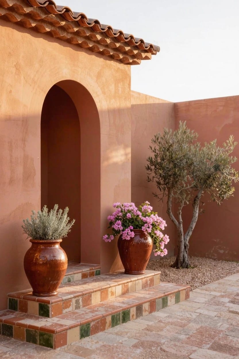 Adobe-style house exterior featuring an arched doorway with steps, two large terracotta pots holding lavender and pink flowers on either side, olive trees, and gravel landscaping.