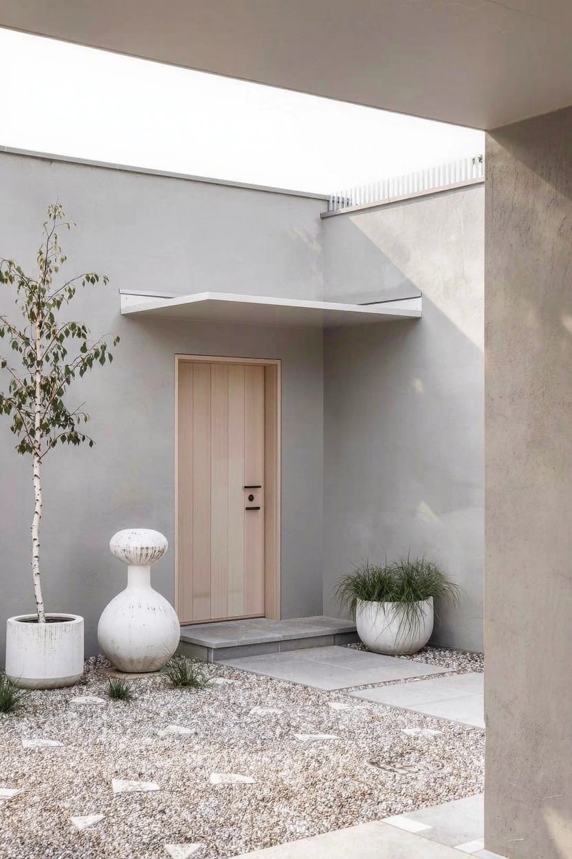 Modern entry courtyard with gray concrete walls, light wooden door under overhang, large white bulbous pots holding a birch tree and ornamental grasses, pebble ground with stepping stones.