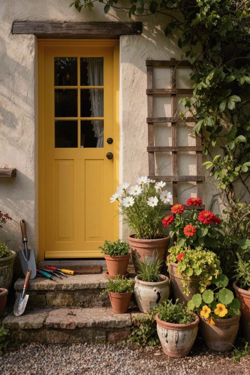Yellow front door with multipane window on stucco wall beside trellis with climbing vines, stone steps lined with terracotta pots of white daisies, red zinnias, green plants, and garden tools on gravel ground.