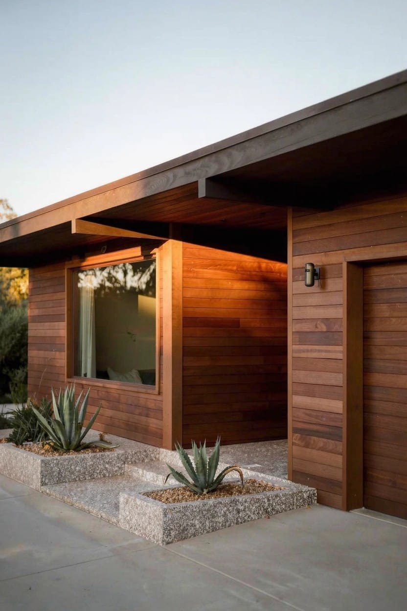 Modern wood house exterior showing two large agave plants in rectangular concrete planters filled with gravel beside a pebbled stone pathway to a wooden door.
