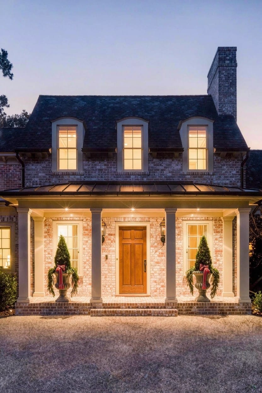 Brick home exterior at dusk with lit porch columns, wooden front door flanked by two tall urn planters containing greenery and red ribbons, lanterns, and gravel driveway.
