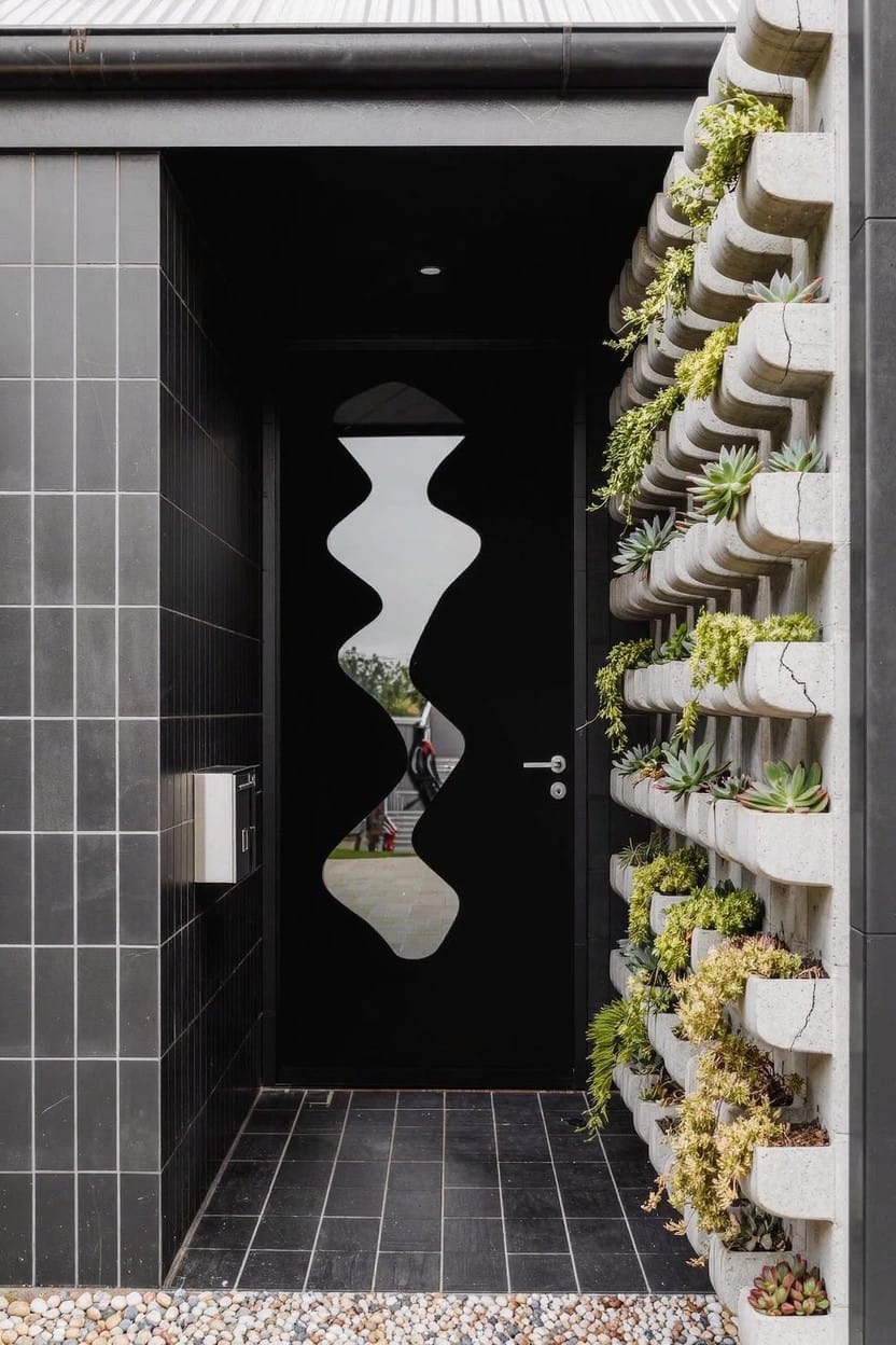 Modern home entrance with black wavy door, concrete wall holding rows of succulent planters, black tiled path, mailbox, and gravel foreground.