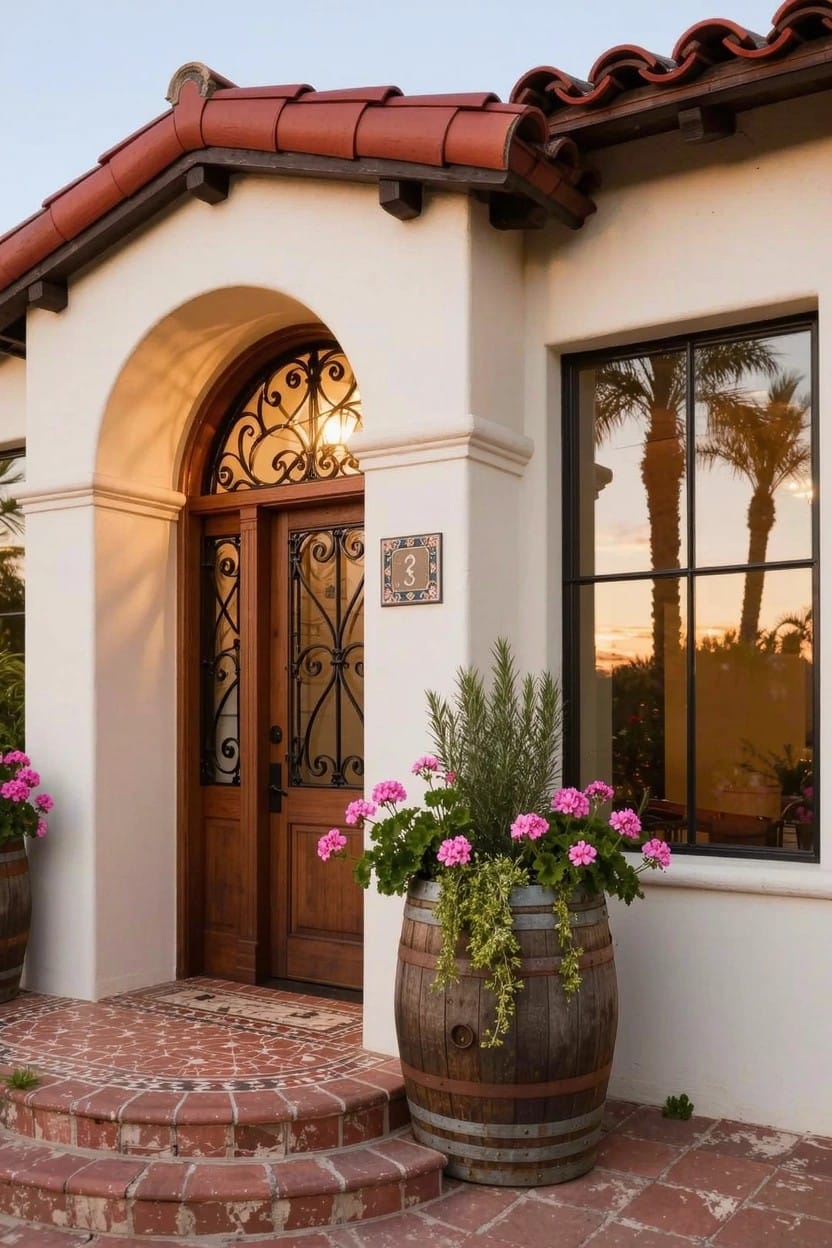 Stucco house exterior with arched wooden front door, large whiskey barrel planter overflowing with pink flowers and vines next to it, brick steps, and potted plants.