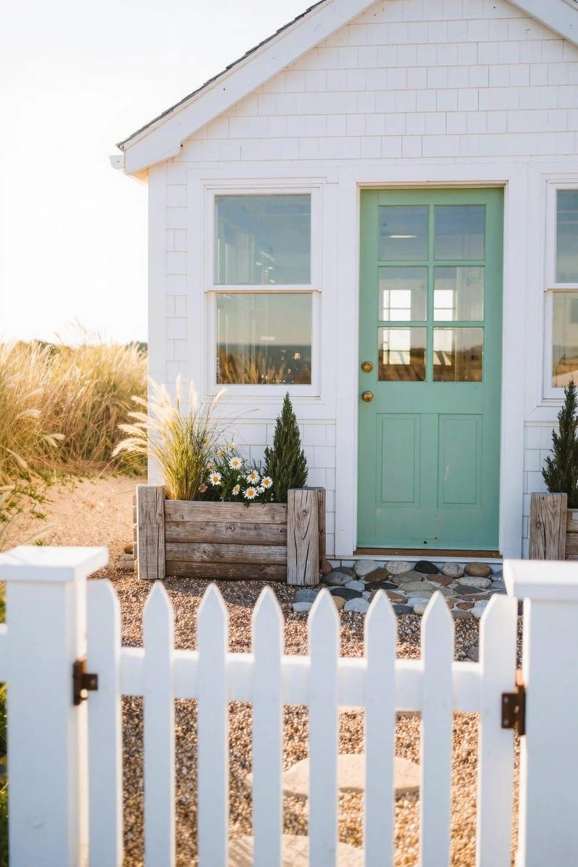 White shingled house with green front door flanked by tall wooden planters containing pampas grass, daisies, and boxwood shrubs, white picket fence gate in gravel path, beach dunes in background.