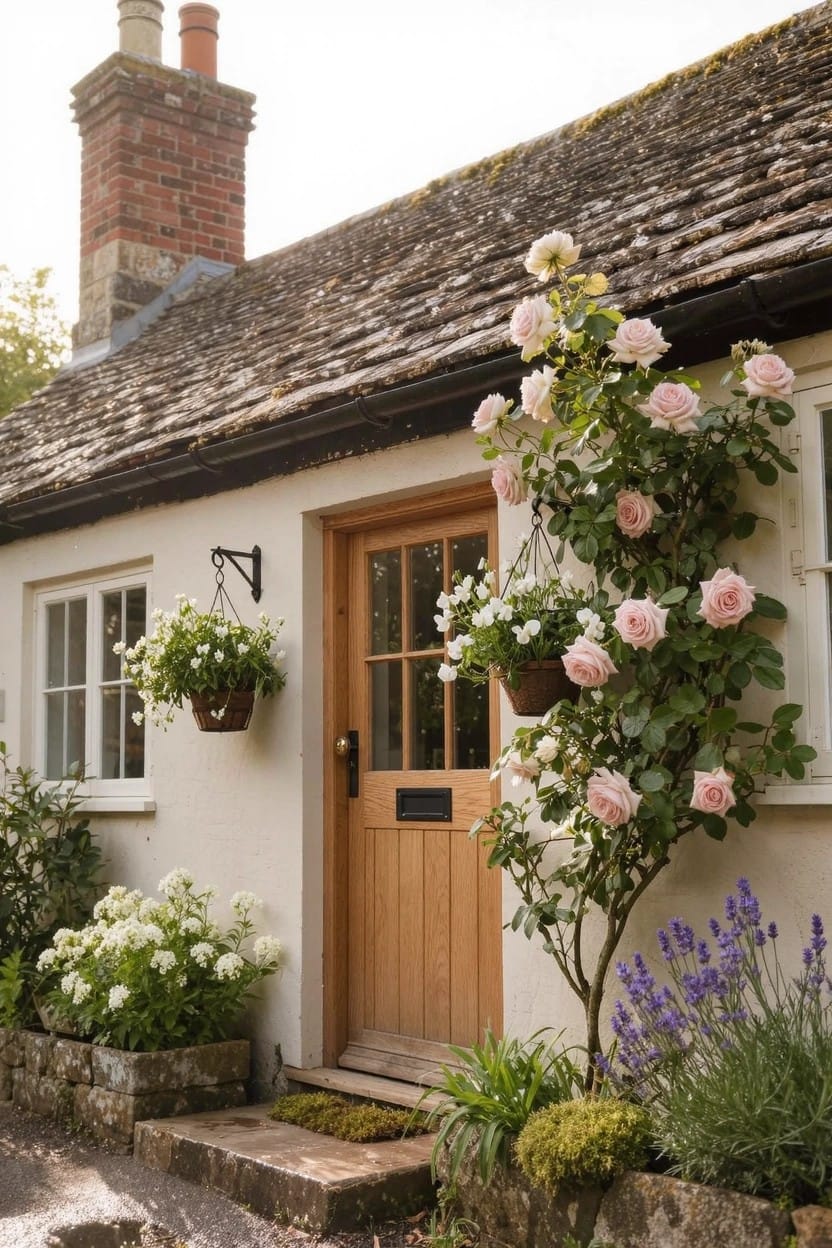 White cottage exterior with wooden front door, pink climbing roses growing up the wall on one side, hanging flower baskets on the adjacent window, white flowering plants in beds, lavender, and stone steps leading to the entrance.