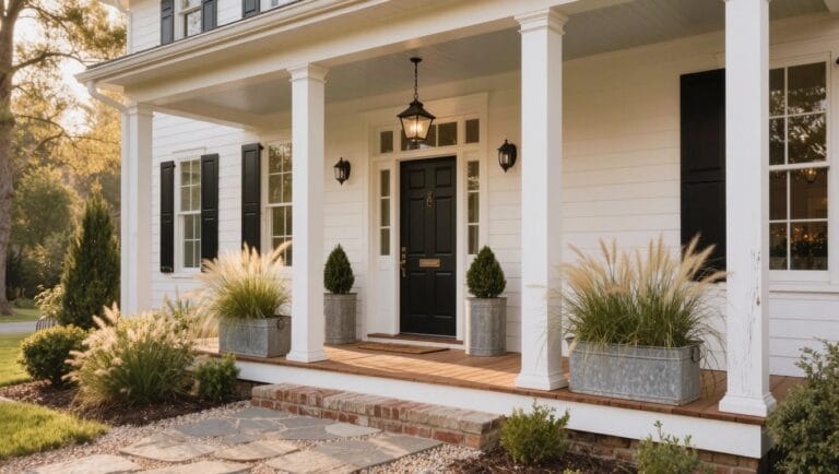 White two-story house with navy front door under a porch draped in ivy garland, flanked by two large black planters filled with white hydrangea blooms, black lanterns, and wooden steps leading to a stone path.