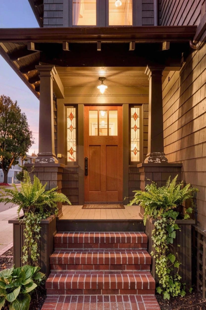 Front porch of a shingled house with red brick steps flanked by tall matching planters filled with ferns, a wooden door with stained glass sidelights, and warm lighting at dusk.