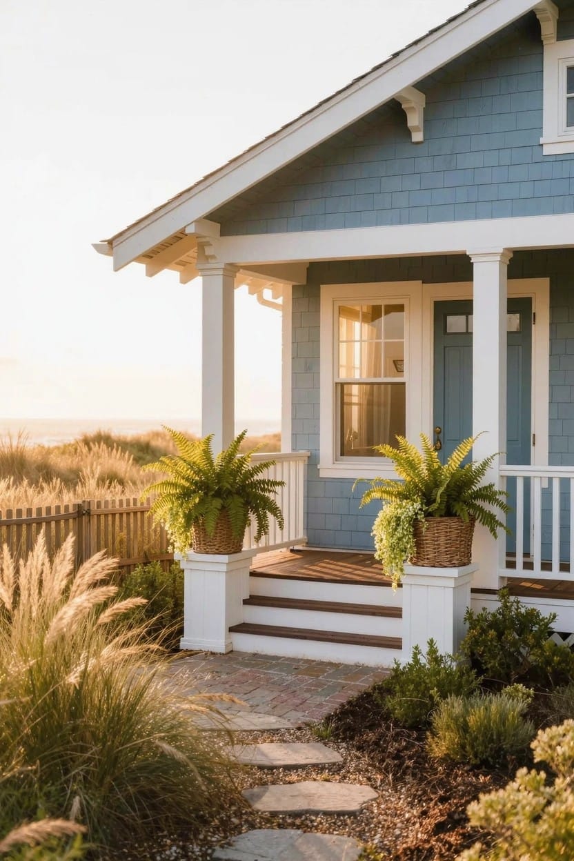 Light blue shingled house with white porch columns and steps flanked by large potted ferns on pedestals, beach grass nearby, and ocean view in background at sunset.