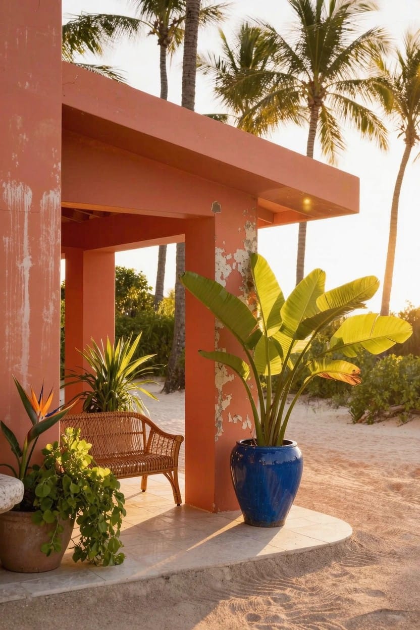 Red stucco porch structure with wicker bench under overhang, large blue ceramic pot with banana plant next to it, other potted tropical plants, on sandy ground surrounded by palms and beach vegetation.