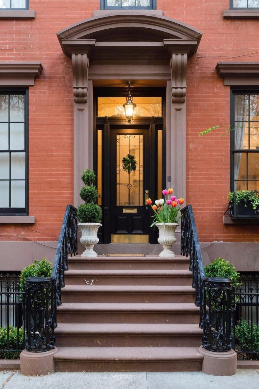 Red brick townhouse facade with brownstone steps up to a glass-paneled black front door, flanked by large white urns with boxwood topiaries, black wrought iron railings, and a vase of tulips on the stoop.