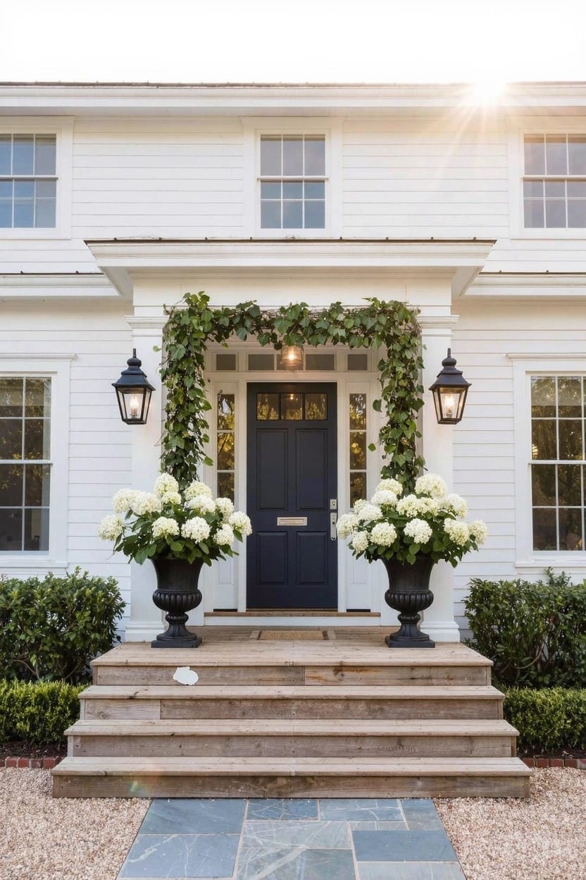 White two-story house with navy front door under a porch draped in ivy garland, flanked by two large black planters filled with white hydrangea blooms, black lanterns, and wooden steps leading to a stone path.