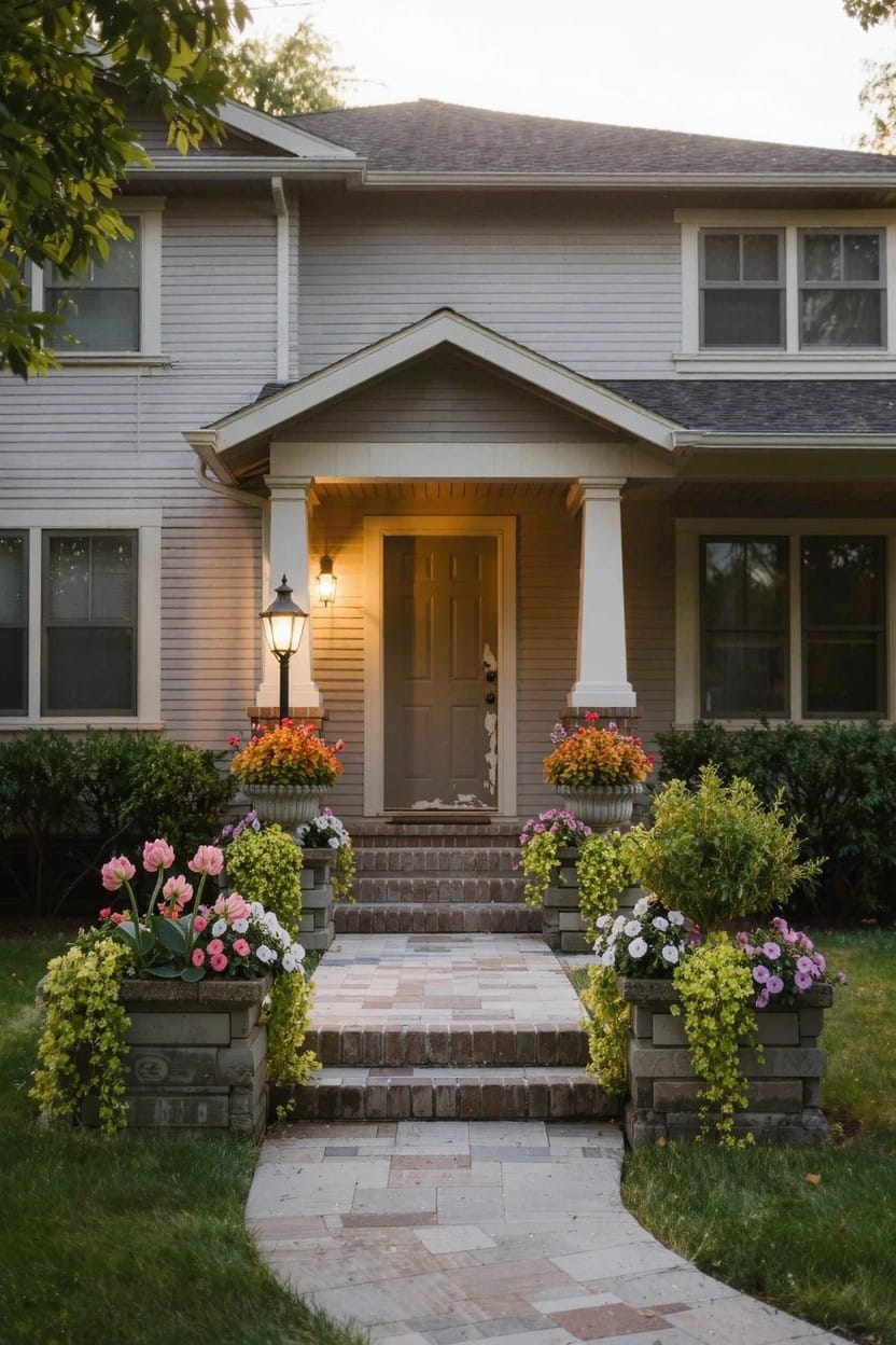 Gray clapboard house with gabled front porch, brown door lit by wall lantern, brick steps flanked by large planters of colorful flowers and greenery along a stone walkway.