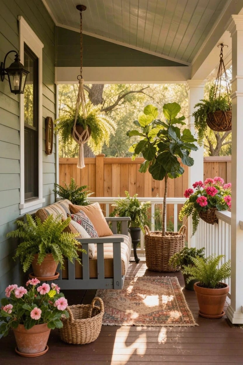 Green-sided house with covered front porch featuring cushioned swing bench, tall potted ficus tree, hanging macrame planters, floor pots with ferns and geraniums, woven rug, and wooden deck.