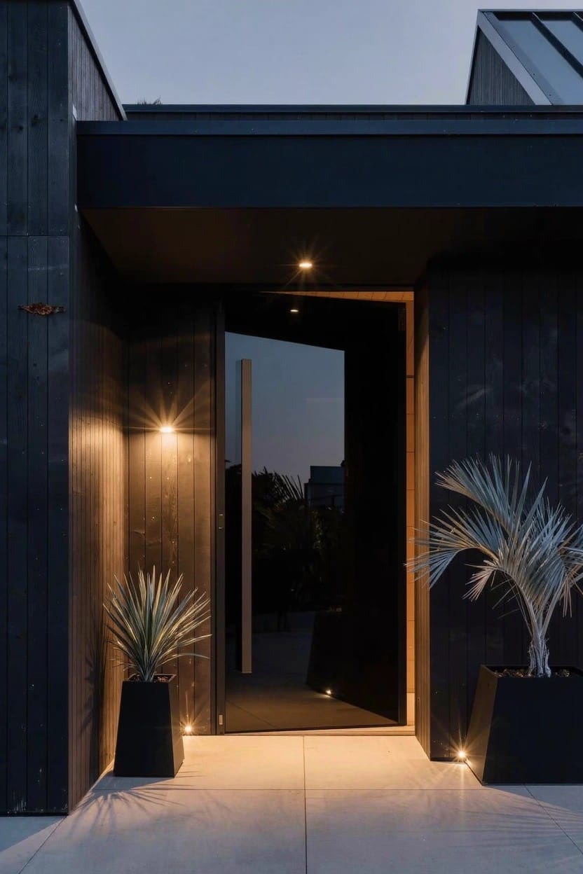 Dark wood modern house exterior at dusk with a tall partially open glass pivot door centered in the entryway, flanked by two tall black planters each containing a spiky agave plant, wall lights illuminating the area.