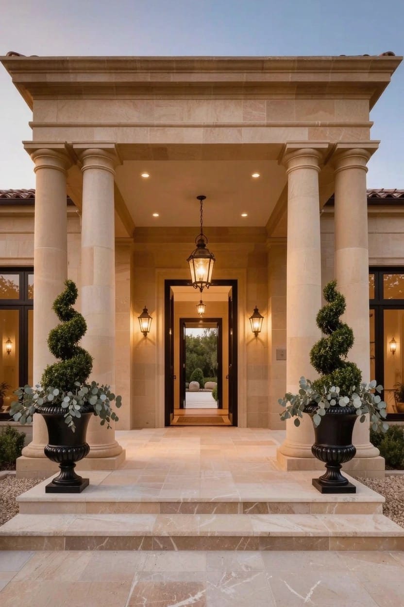 Beige stone home entrance with columns and steps flanked by black urns containing tall spiral topiary boxwoods, wall lanterns, hanging lantern, and wooden door.