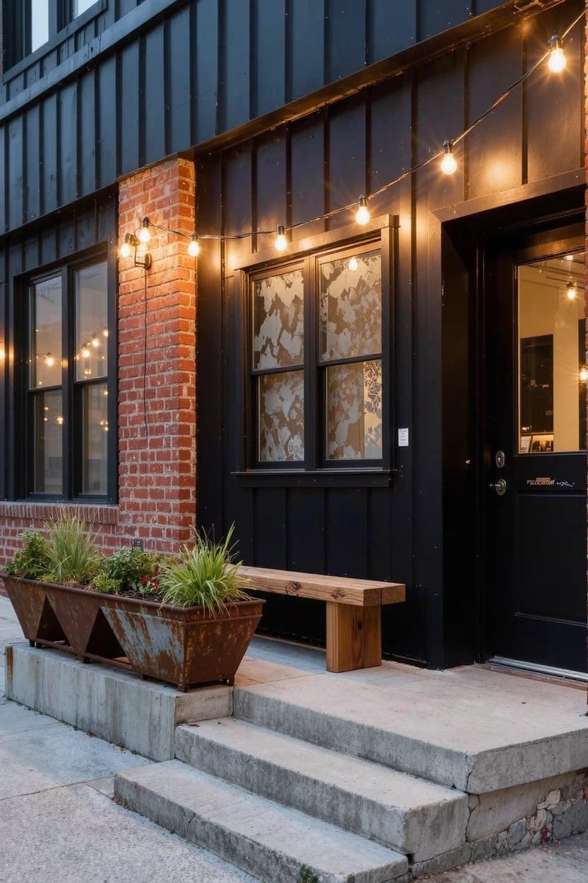 House exterior with black board-and-batten siding, red brick accent wall, string lights above patterned windows, wooden bench, and three large rusty metal trough planters filled with green foliage on concrete steps to a black front door.