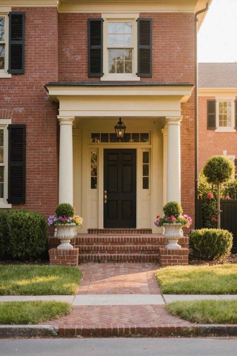 Red brick house with columned front porch, yellow ceiling, black door, and two large white urn planters with purple flowers positioned beside brick steps, flanked by boxwood shrubs.