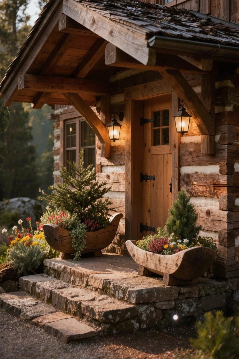 Wooden Trough Planters on Entry Steps