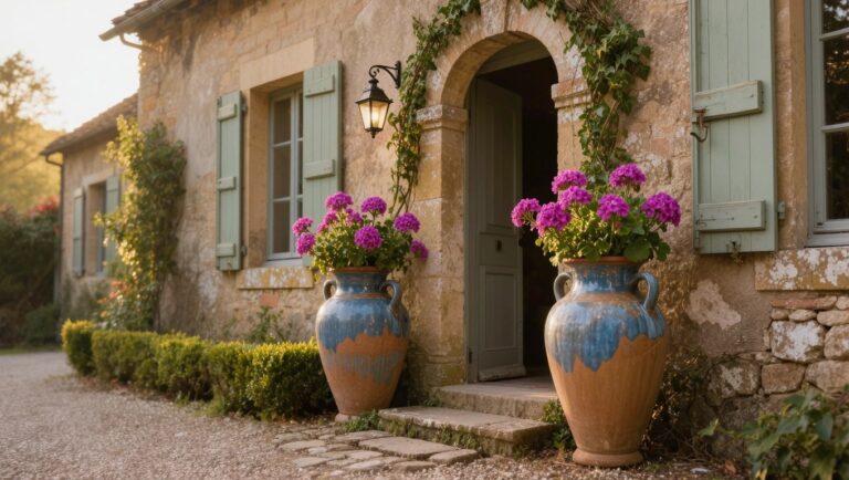 21 Vintage Flower Pots Outdoor That Bring Old World Character Rustic stone house entrance with ivy on walls, green shutters, arched green door, black lantern, large blue and terracotta pots with pink geraniums, boxwood hedges along gravel path.