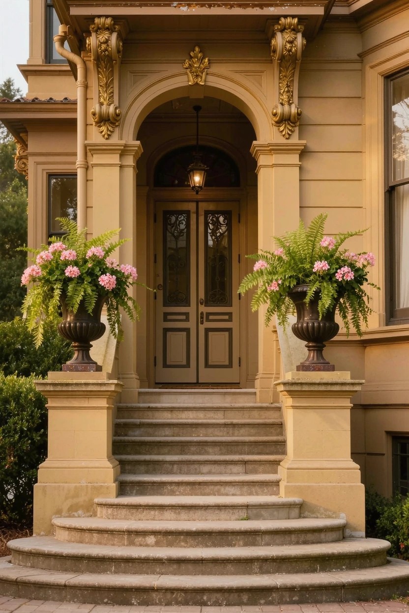 Tan stucco house front with arched entry, double dark wood doors flanked by large urns of pink flowers and ferns on pedestals atop curved steps, with hanging lanterns and columns.