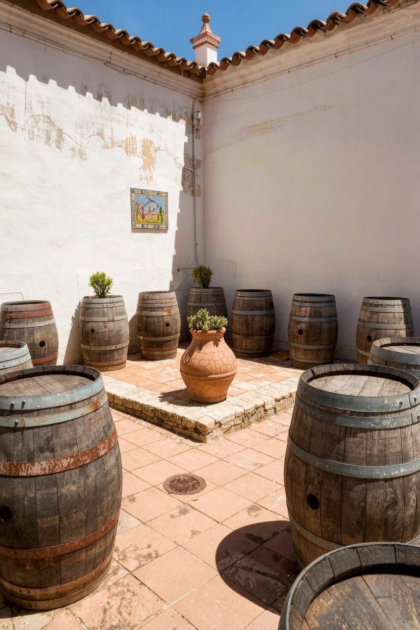 White clapboard house with green shutters behind an open white picket gate, flanked by large blue and terracotta pots filled with colorful flowers along a brick pathway edged by garden beds.