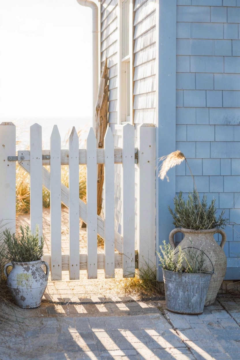 Open wrought-iron gate in stone walls leading to a courtyard with grapevines overhead, a large moss-covered stone urn surrounded by terracotta pots of geraniums and other plants on a cobblestone path.