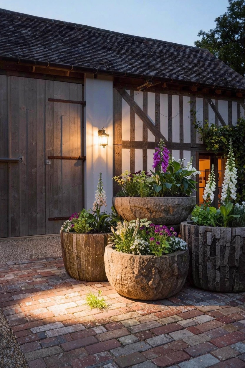 Timber-framed barn with wooden doors and wall lantern, next to three large rough stone and wood pots planted with tall purple foxgloves on a brick patio at dusk.