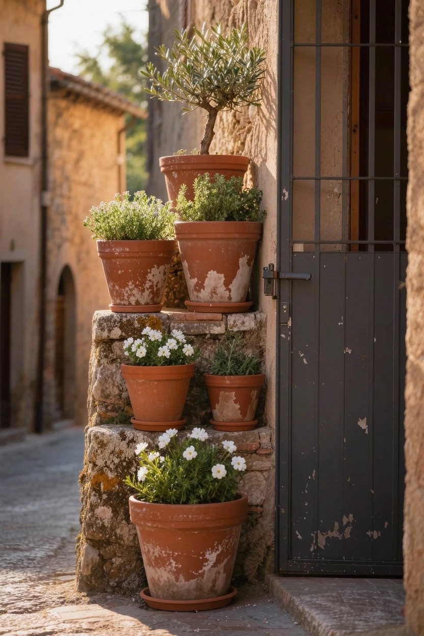 Rustic stone steps beside a dark wooden door and iron gate, with terracotta pots of different sizes stacked and filled with olive trees, herbs, and white daisies.