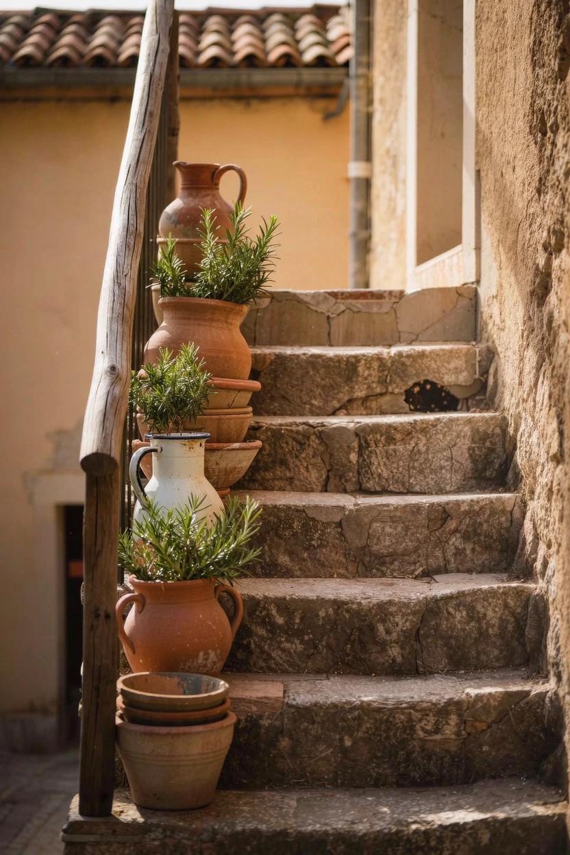 Brick garden path flanked by tall cypress trees and large urns filled with pink and purple flowers on stone pedestals, leading toward a glass-paneled greenhouse with a green door.
